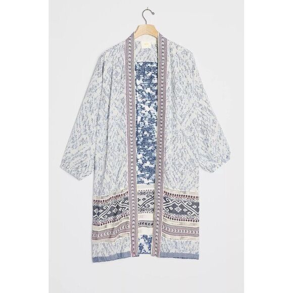 Anthropologie‎ Arwen Open Duster Jacket Size M/L in White, Blue - Picture 1 of 14